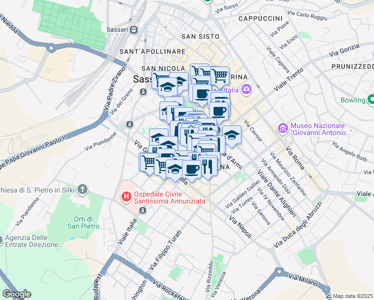 map of restaurants, bars, coffee shops, grocery stores, and more near 9 Viale Italia in Sassari