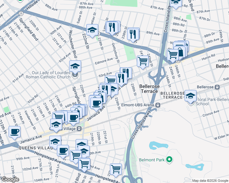 map of restaurants, bars, coffee shops, grocery stores, and more near 224-1 Jamaica Avenue in Queens