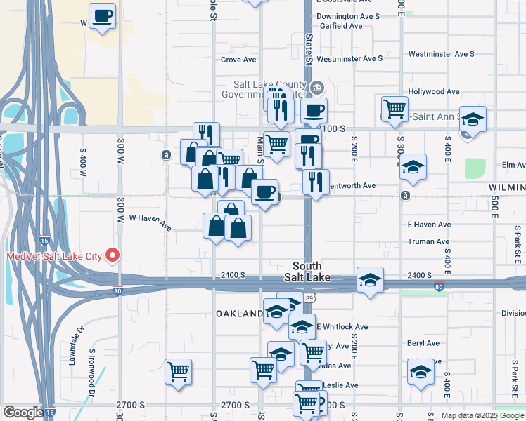 map of restaurants, bars, coffee shops, grocery stores, and more near 2235 South Main Street in South Salt Lake