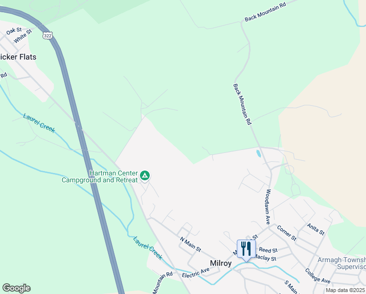 map of restaurants, bars, coffee shops, grocery stores, and more near 122 Field Lane in Milroy