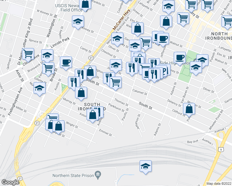 map of restaurants, bars, coffee shops, grocery stores, and more near 183 South St in Newark