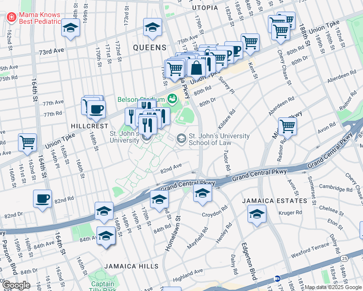 map of restaurants, bars, coffee shops, grocery stores, and more near 8000 Utopia Parkway in Queens