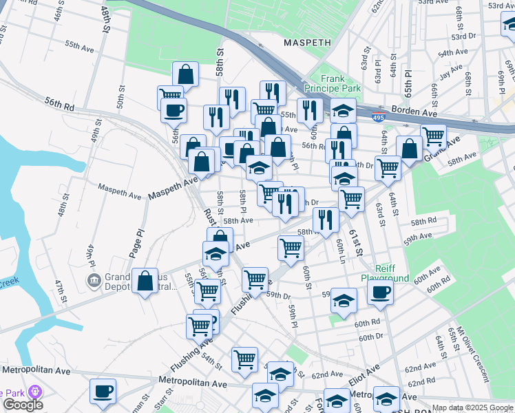 map of restaurants, bars, coffee shops, grocery stores, and more near 58-50 57th Road in Queens