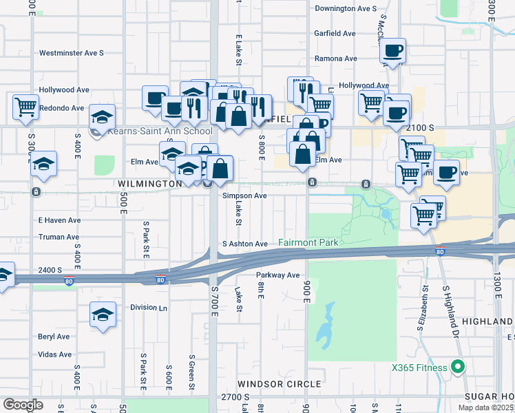 map of restaurants, bars, coffee shops, grocery stores, and more near 2260 South 800 East in Salt Lake City