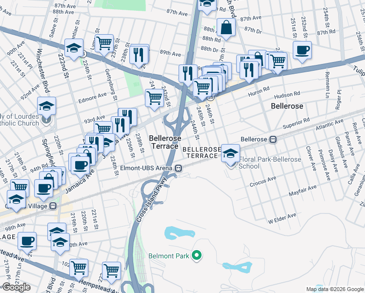 map of restaurants, bars, coffee shops, grocery stores, and more near in Bellerose Terrace
