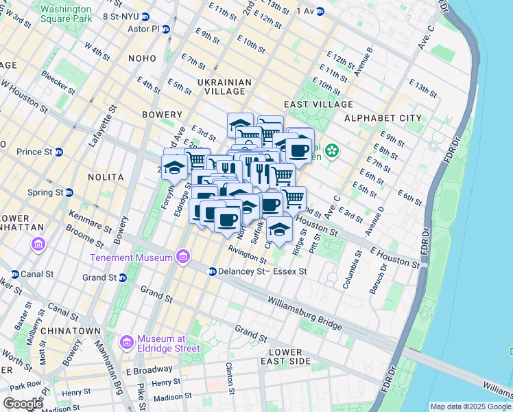 map of restaurants, bars, coffee shops, grocery stores, and more near 231 East Houston Street in New York