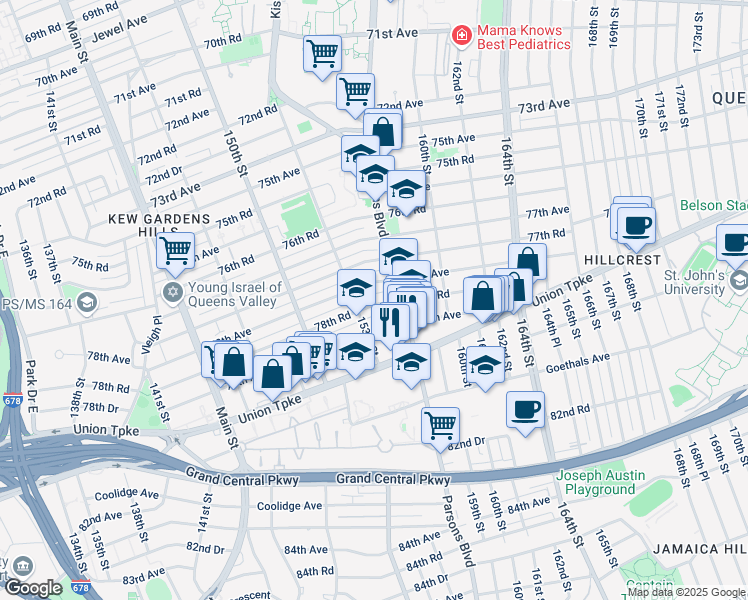 map of restaurants, bars, coffee shops, grocery stores, and more near 153-34 78th Avenue in Queens