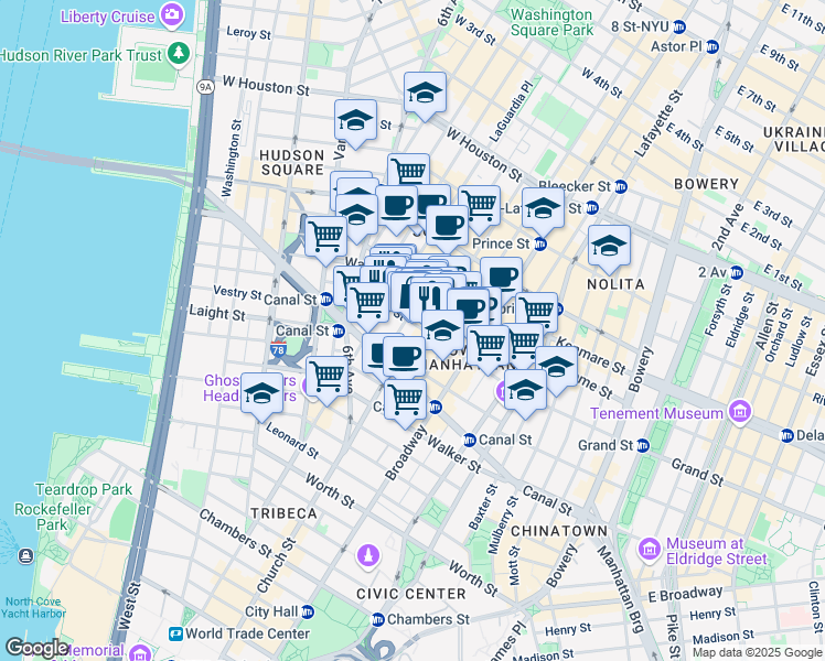 map of restaurants, bars, coffee shops, grocery stores, and more near 78 Grand Street in New York