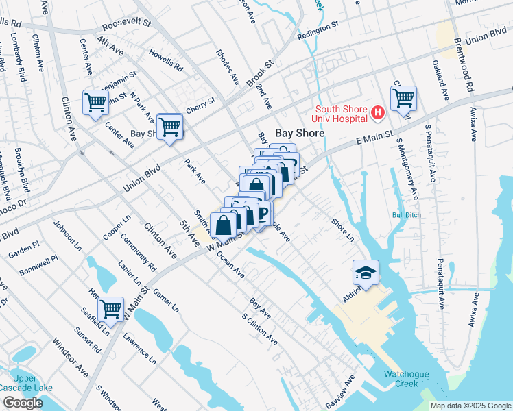 map of restaurants, bars, coffee shops, grocery stores, and more near 19 East Main Street in Bay Shore