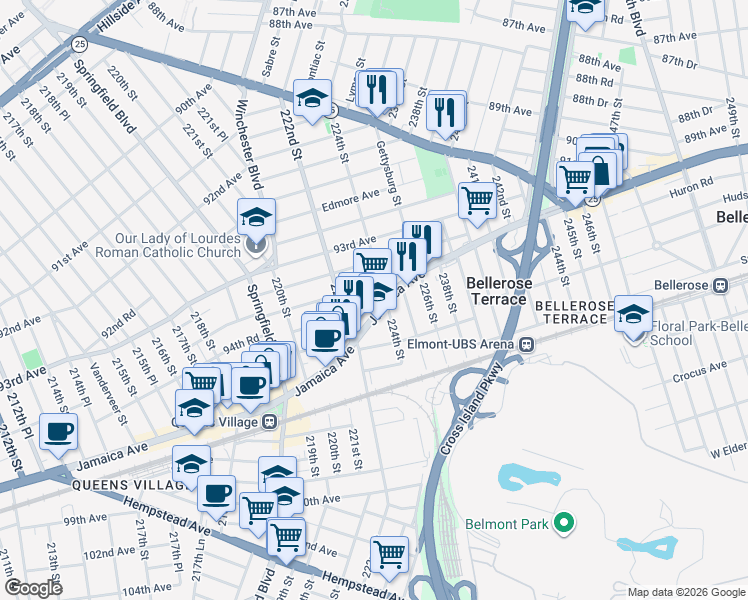 map of restaurants, bars, coffee shops, grocery stores, and more near 222-51 Jamaica Avenue in Queens