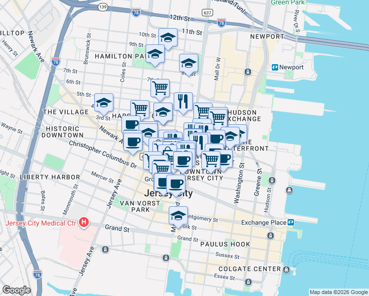map of restaurants, bars, coffee shops, grocery stores, and more near 364 Marin Boulevard in Jersey City