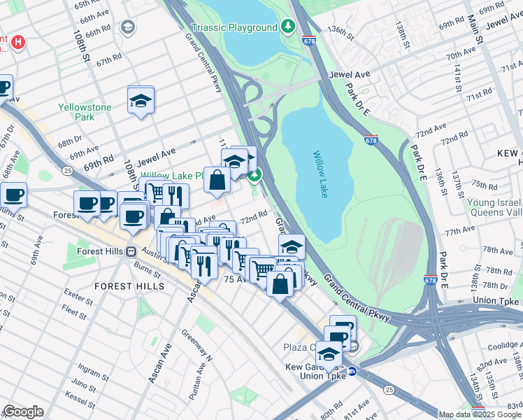 map of restaurants, bars, coffee shops, grocery stores, and more near 112-50 72nd Avenue in Queens