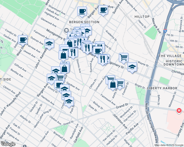 map of restaurants, bars, coffee shops, grocery stores, and more near 0 Baldwin Avenue in Jersey City