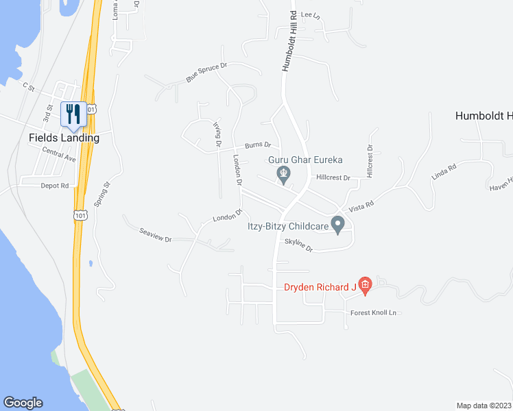 map of restaurants, bars, coffee shops, grocery stores, and more near 2244 Parkwood Boulevard in Eureka