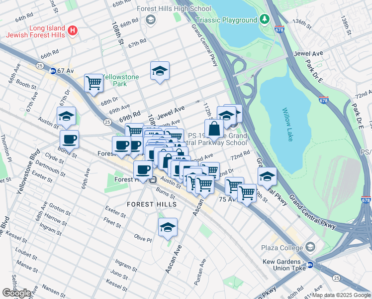 map of restaurants, bars, coffee shops, grocery stores, and more near 108-27 Queens Boulevard in Queens