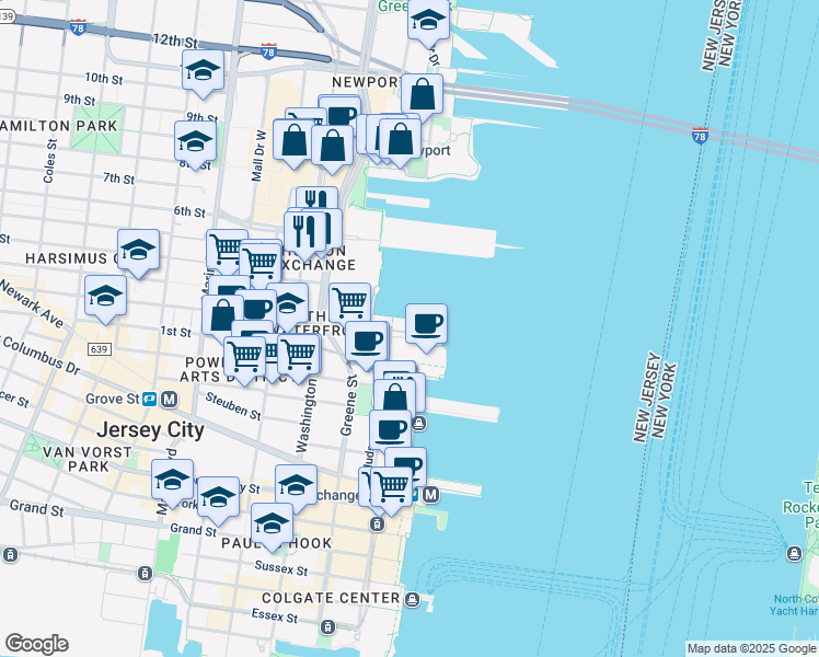 map of restaurants, bars, coffee shops, grocery stores, and more near 20 2nd Street in Jersey City