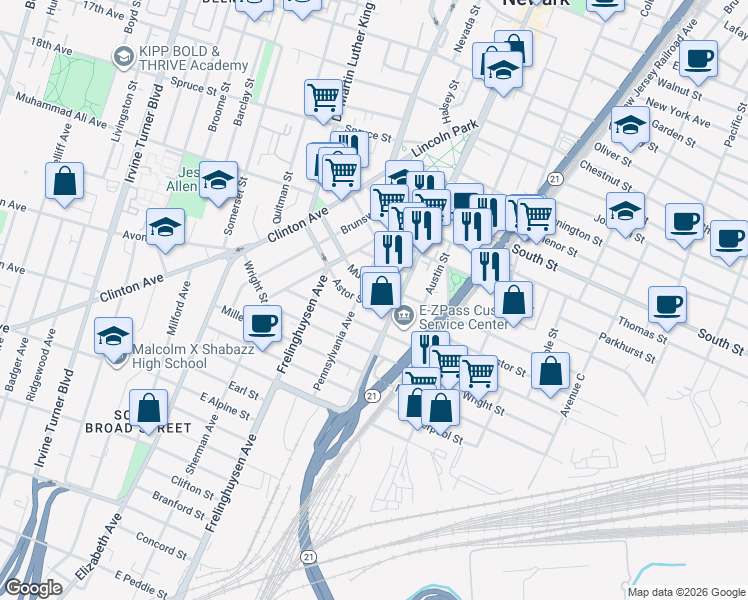 map of restaurants, bars, coffee shops, grocery stores, and more near 79 Murray Street in Newark