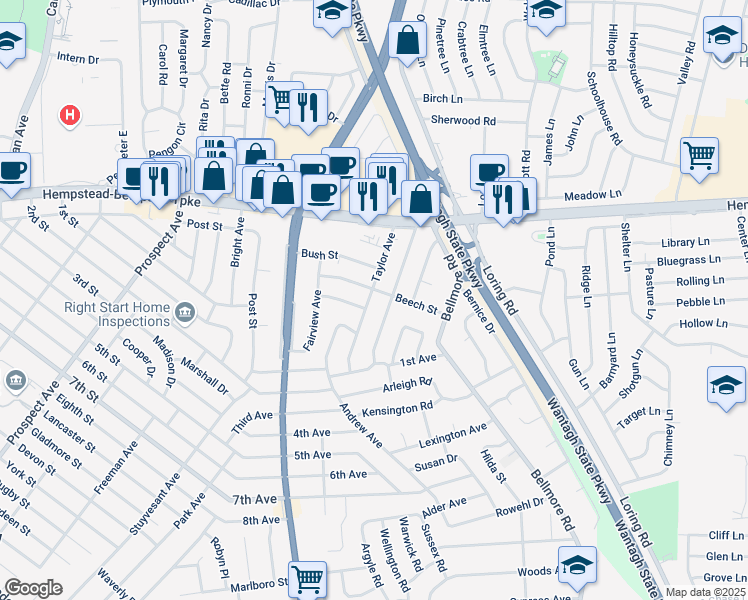 map of restaurants, bars, coffee shops, grocery stores, and more near 2601 Beech Street in East Meadow
