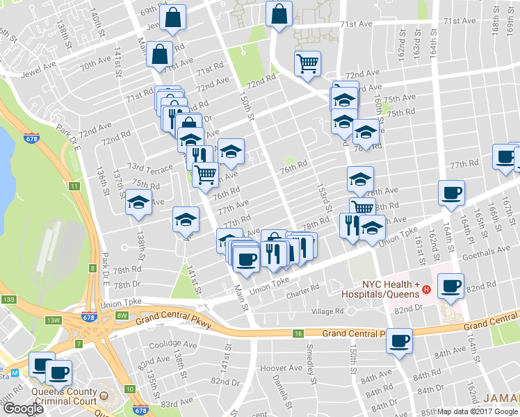 map of restaurants, bars, coffee shops, grocery stores, and more near 147-10 77th Avenue in Queens