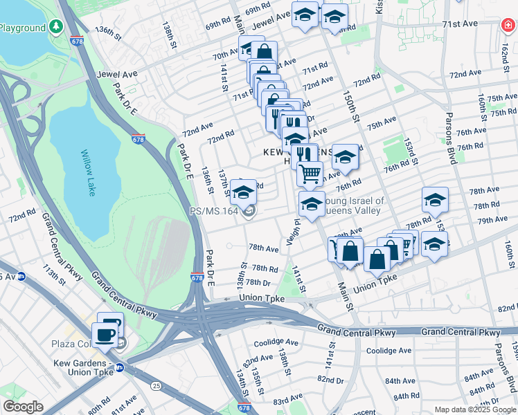 map of restaurants, bars, coffee shops, grocery stores, and more near 138-08 76th Avenue in Queens