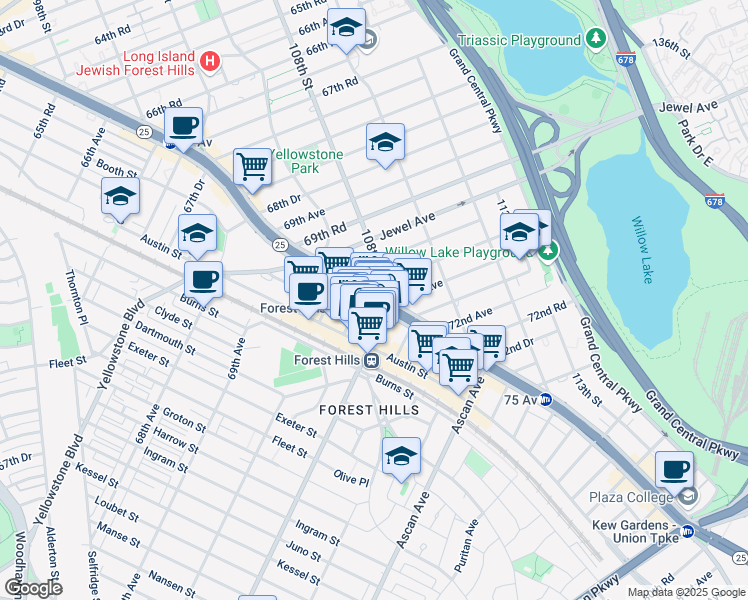 map of restaurants, bars, coffee shops, grocery stores, and more near 10750 Queens Boulevard in Queens