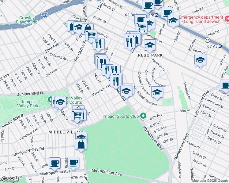 map of restaurants, bars, coffee shops, grocery stores, and more near 63-88 Woodhaven Boulevard in Queens