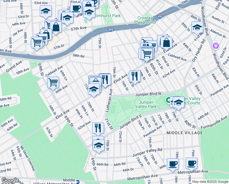 map of restaurants, bars, coffee shops, grocery stores, and more near 61-21 75th Street in Queens