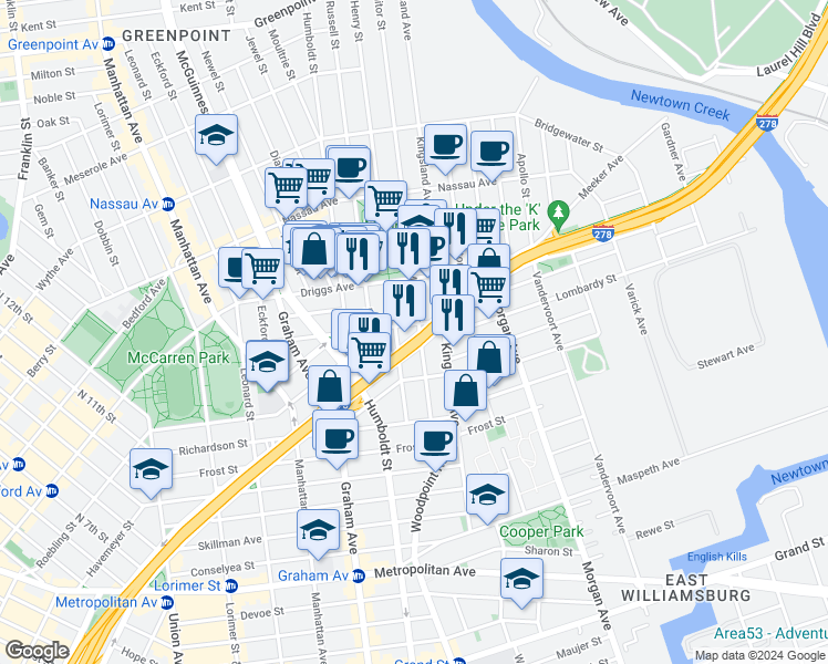 map of restaurants, bars, coffee shops, grocery stores, and more near 187 Engert Avenue in Brooklyn