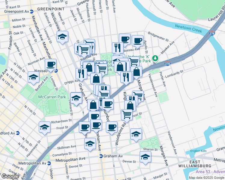 map of restaurants, bars, coffee shops, grocery stores, and more near 187 Engert Avenue in Brooklyn