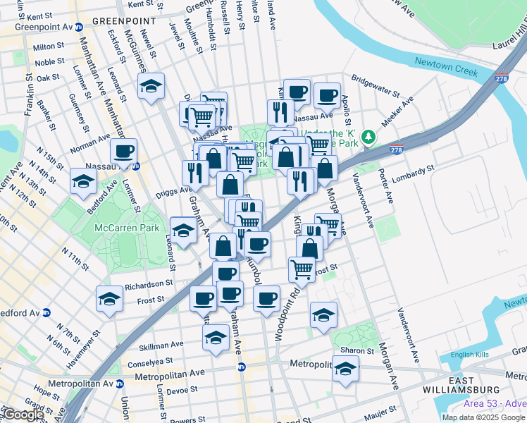 map of restaurants, bars, coffee shops, grocery stores, and more near 187 Engert Avenue in Brooklyn
