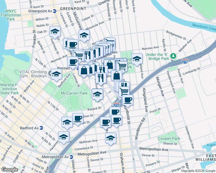 map of restaurants, bars, coffee shops, grocery stores, and more near 4 Broome Street in Brooklyn