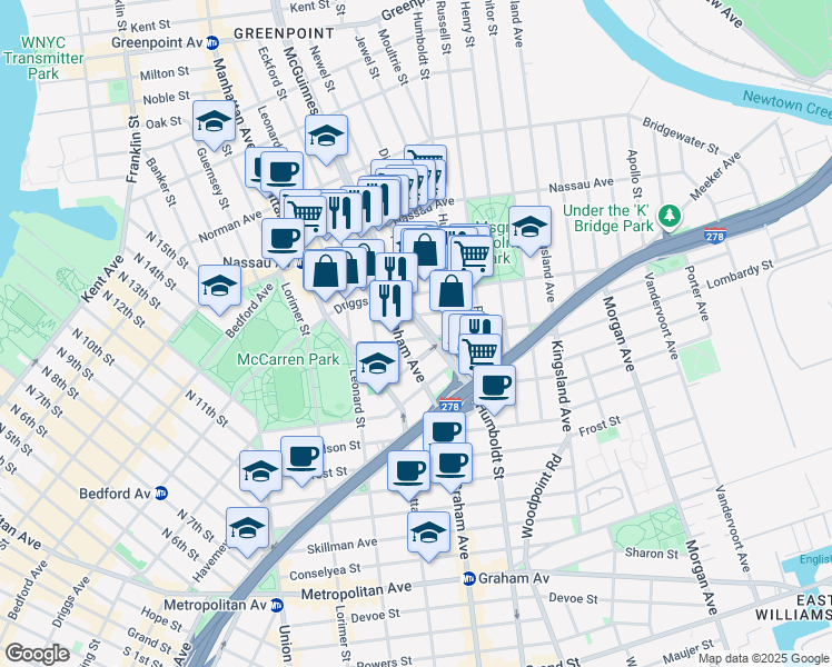 map of restaurants, bars, coffee shops, grocery stores, and more near 4 Broome Street in Brooklyn
