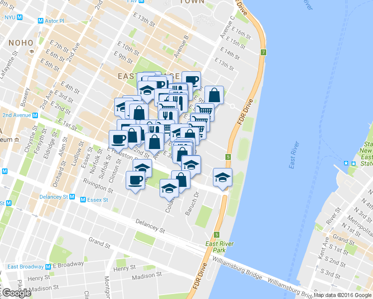 map of restaurants, bars, coffee shops, grocery stores, and more near 734 East 5th Street in New York
