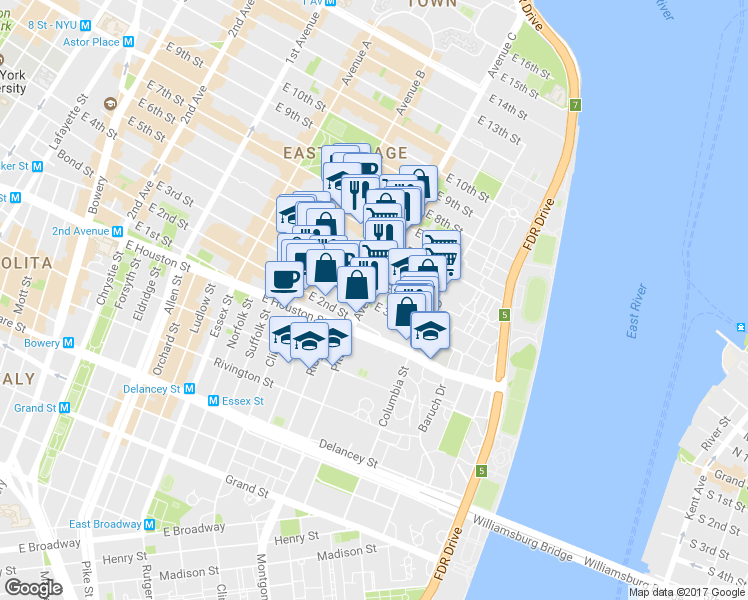 map of restaurants, bars, coffee shops, grocery stores, and more near in New York