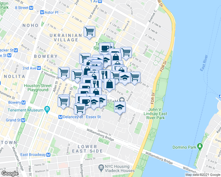 map of restaurants, bars, coffee shops, grocery stores, and more near 242 East 3rd Street in New York