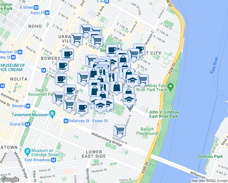 map of restaurants, bars, coffee shops, grocery stores, and more near 242 East 3rd Street in New York