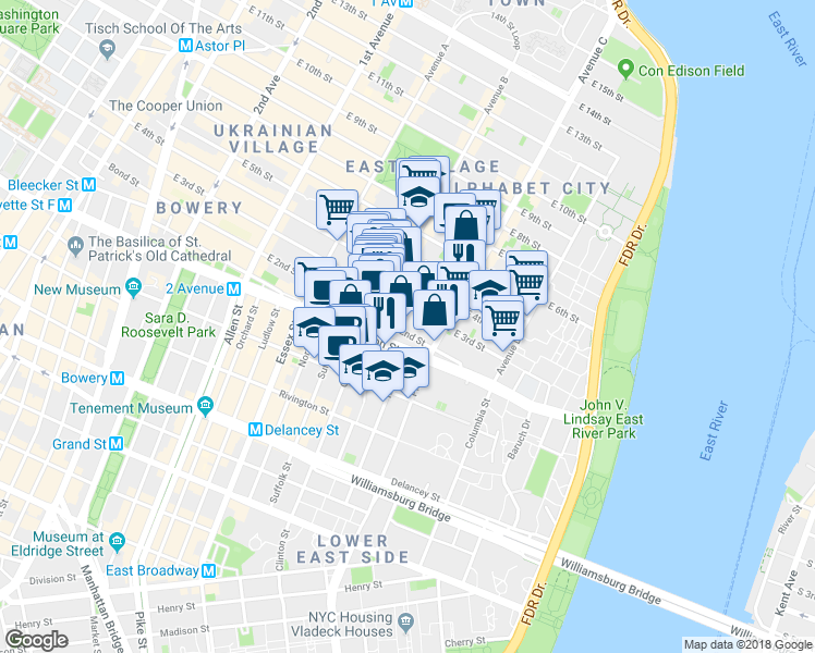 map of restaurants, bars, coffee shops, grocery stores, and more near 242 East 3rd Street in New York