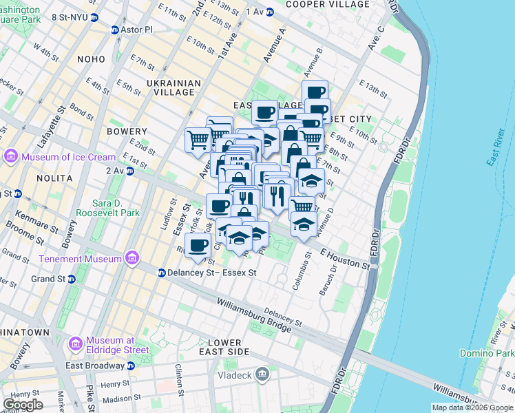 map of restaurants, bars, coffee shops, grocery stores, and more near 242 East 3rd Street in New York
