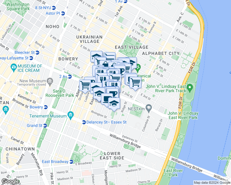 map of restaurants, bars, coffee shops, grocery stores, and more near 250 East Houston Street in New York
