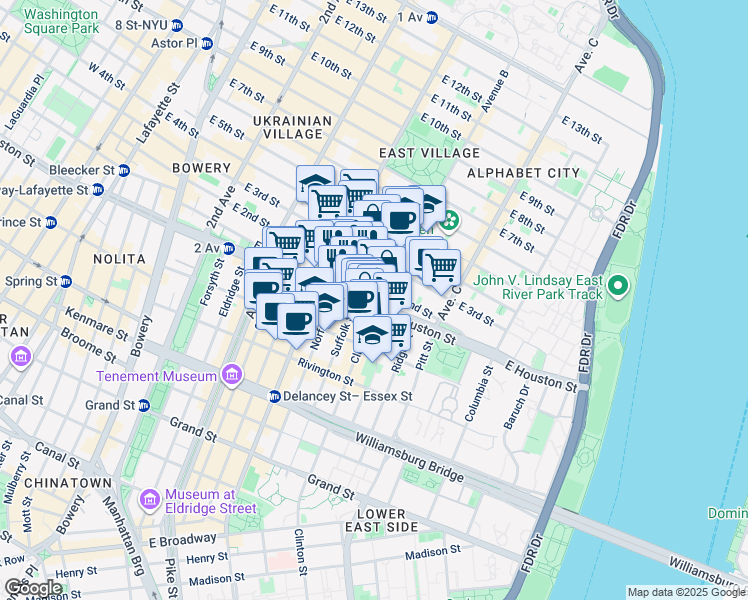 map of restaurants, bars, coffee shops, grocery stores, and more near 250 East Houston Street in New York