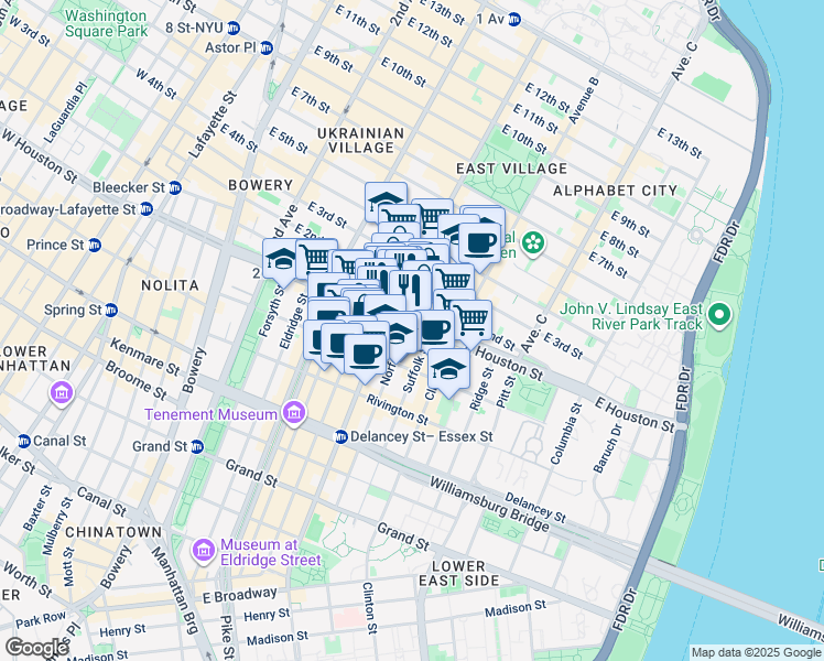 map of restaurants, bars, coffee shops, grocery stores, and more near 6 Avenue A in New York
