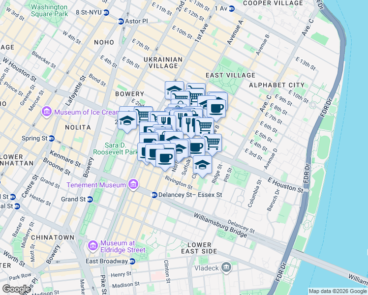 map of restaurants, bars, coffee shops, grocery stores, and more near 231 East Houston Street in New York