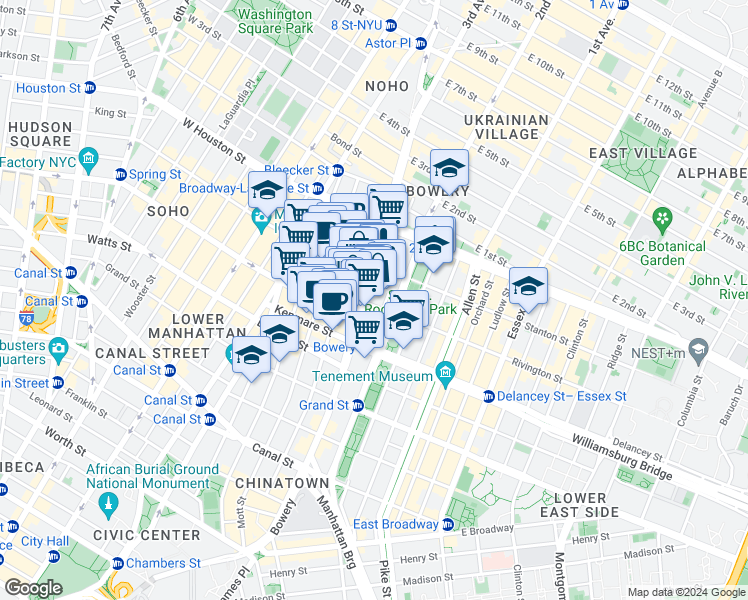 map of restaurants, bars, coffee shops, grocery stores, and more near 220 Bowery in New York