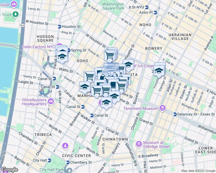 map of restaurants, bars, coffee shops, grocery stores, and more near 226 Lafayette Street in New York