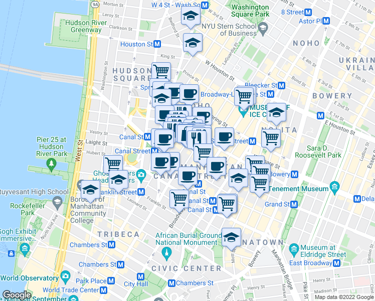map of restaurants, bars, coffee shops, grocery stores, and more near 78 Grand Street in New York