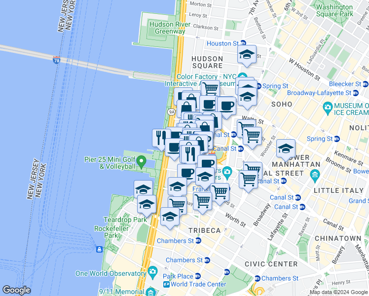 map of restaurants, bars, coffee shops, grocery stores, and more near in New York