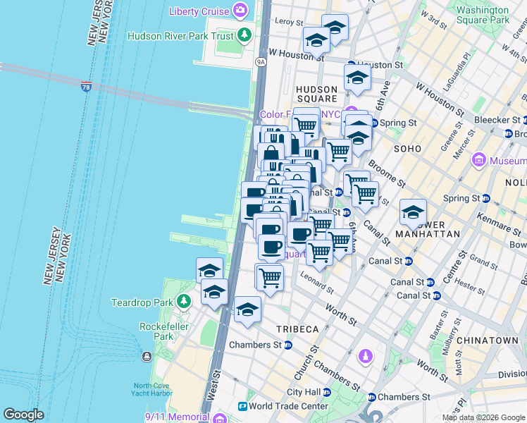 map of restaurants, bars, coffee shops, grocery stores, and more near in New York