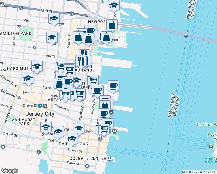 map of restaurants, bars, coffee shops, grocery stores, and more near 20 2nd Street in Jersey City