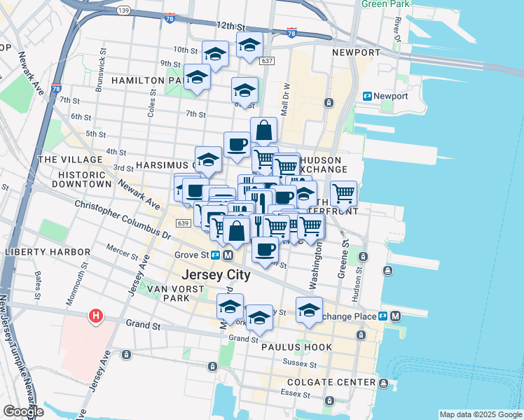 map of restaurants, bars, coffee shops, grocery stores, and more near 159 2nd Street in Jersey City