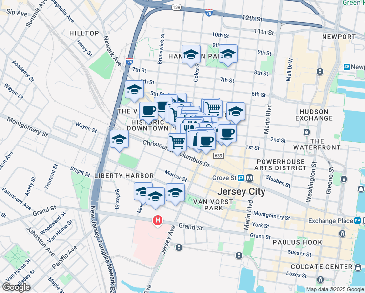map of restaurants, bars, coffee shops, grocery stores, and more near 240 County Road 639 in Jersey City